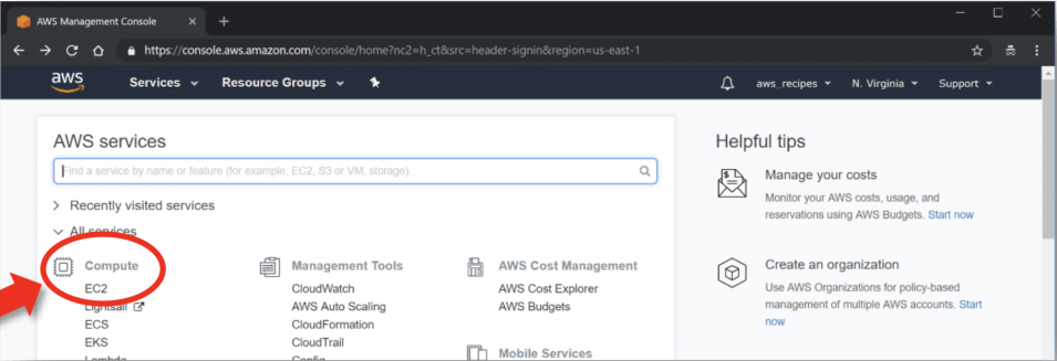 This image shows how to navigate to EC2 