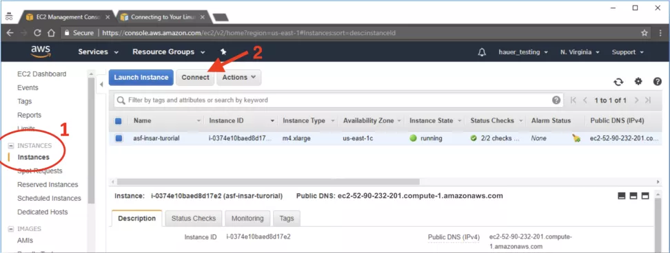 This image shows the AWS EC2 Management Console.