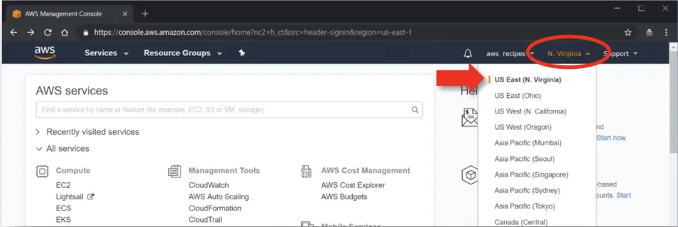 This image shows how to select an AWS region