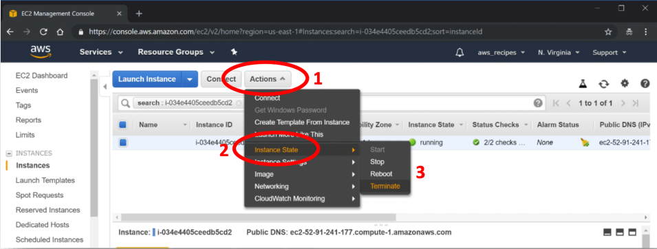 This image shows how to Stop or Terminate your EC2 Instance 