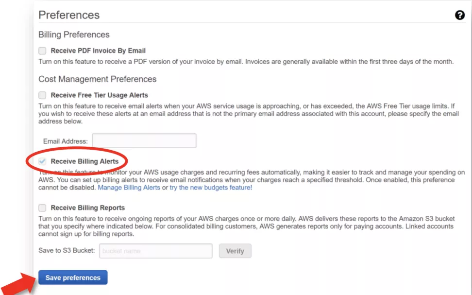 This image shows how to select to receive Billing Alerts