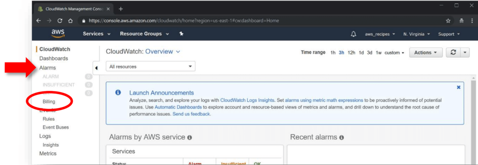 This image shows how to navigate to Billing from the CloudWatch console menu.