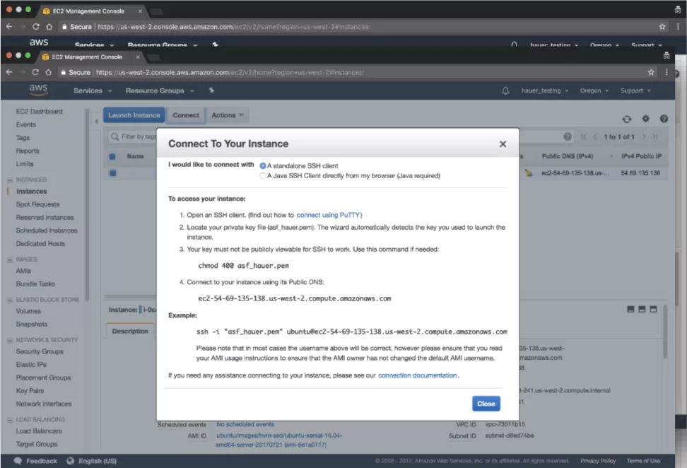 This image shows how to connect to your Instance window