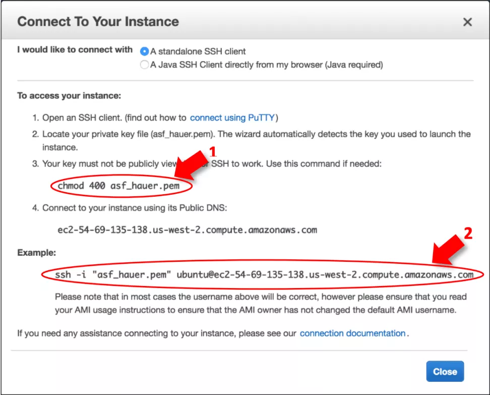This image shows how to copy commands from the Connect To Your Instance window
