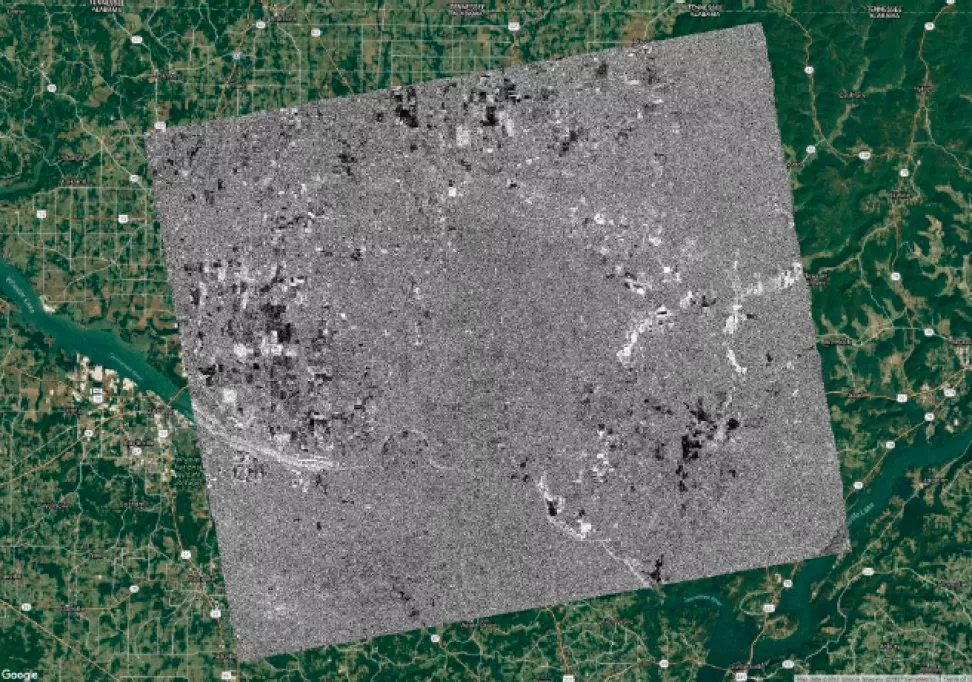 This image shows a log-ratio image with OpenLayers Google Maps hybrid basemap