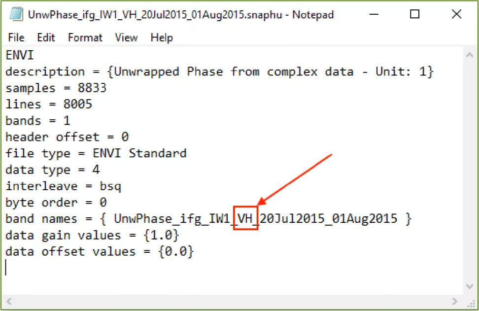 This image shows how to edit the .hdr file polarization (VH) to match the .img polarization (VV).