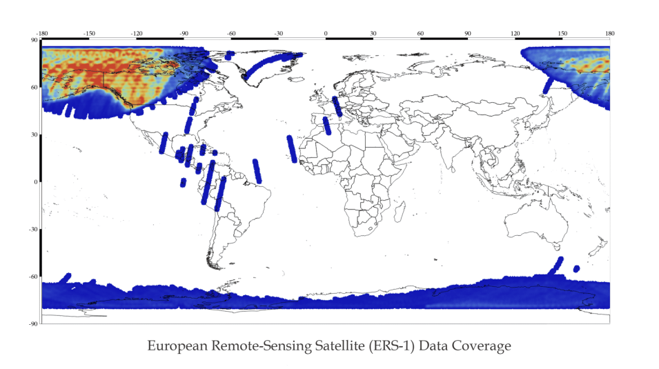 Global image with blue/yellow/red colors indicating swaths of ERS-1 data.