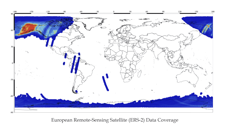global map with colors of blue, red, orange indicating ERS-2 Level 1 data swaths