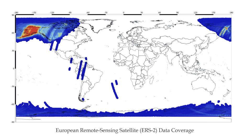 global map with colors of blue, red, orange indicating ERS-2 Level 1 data swaths