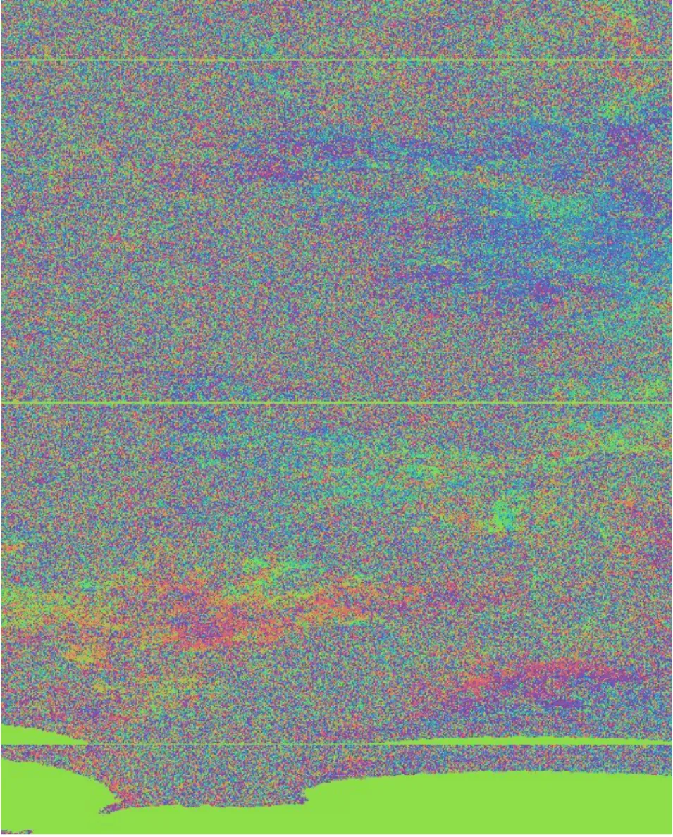 This image shows green demarcation lines that are still visible in the formed interferogram.