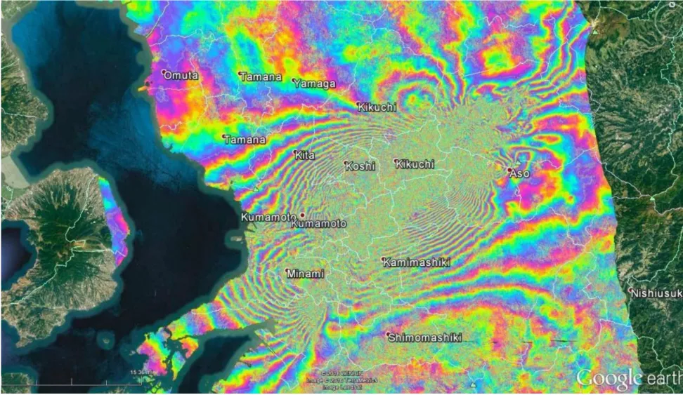 This image shows a geocoded Kumamoto interferogram projected onto Google Earth. Contains modified Copernicus Sentinel data (2016) processed by ESA.