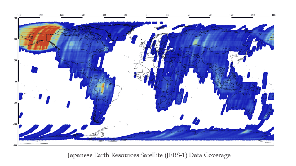 Global map with blue/yellow/red colors indicating swaths of JERS-1 data