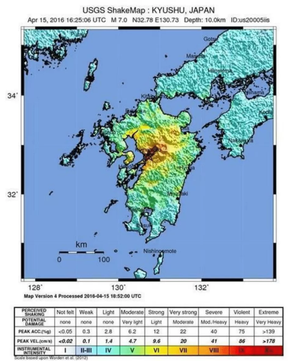 Image shows a map where the 2016 Kumamoto Earthquake occurred