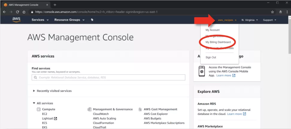 This image shows how to navigate to "My Billing Dashboard."