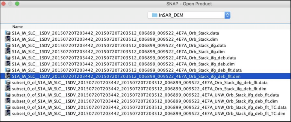 Image shows how to open the file ending Orb_Stack_ifg_deb_flt.dim