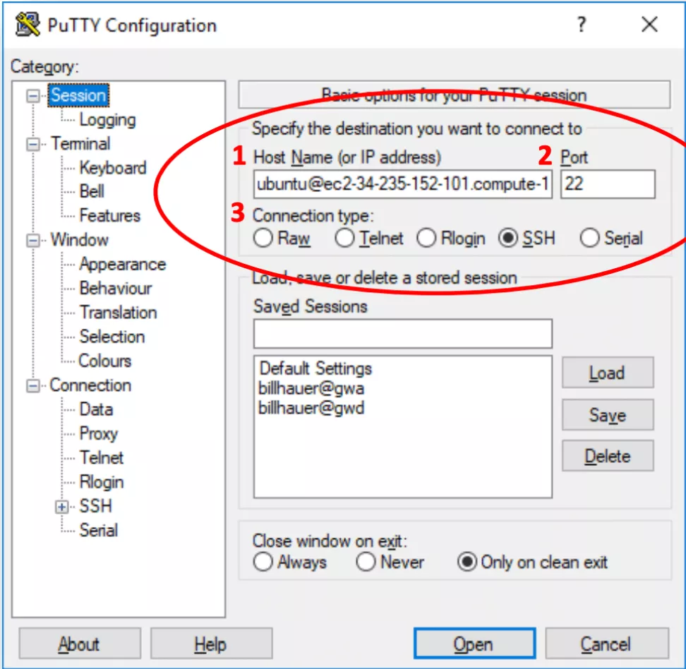Image shows the PuTTY Configuration window.
