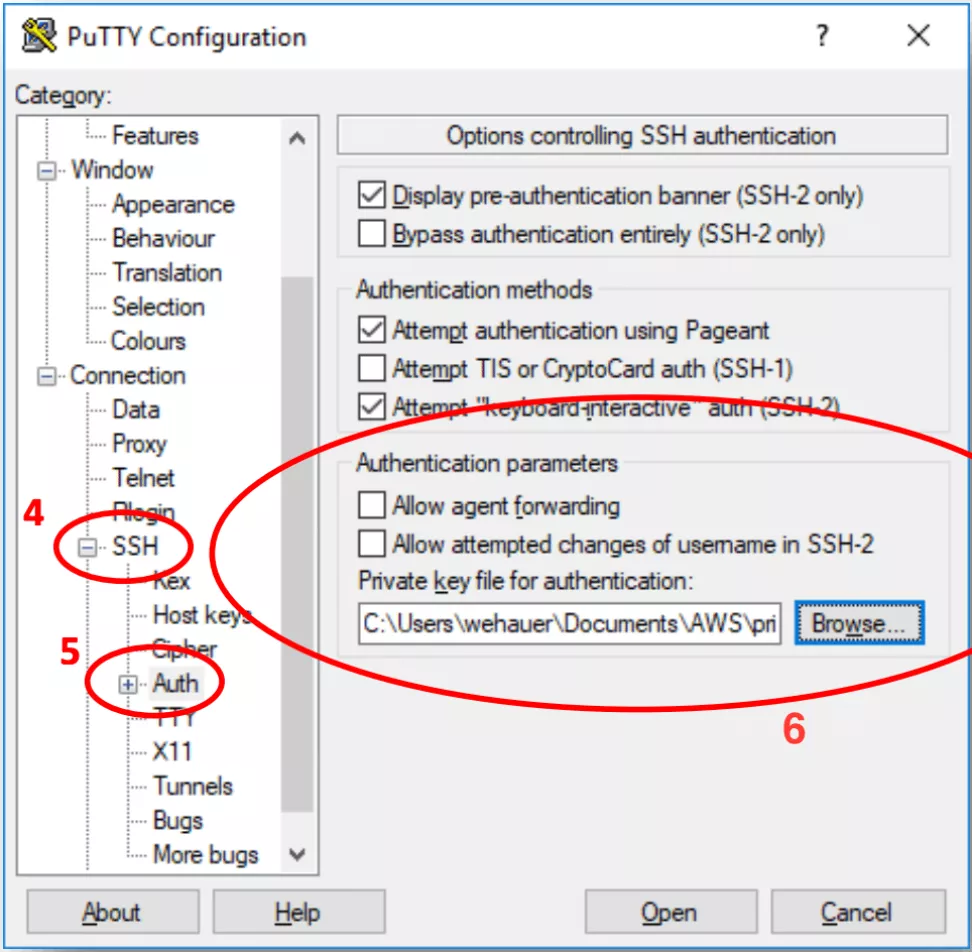 Image shows the PuTTY Configuration window.