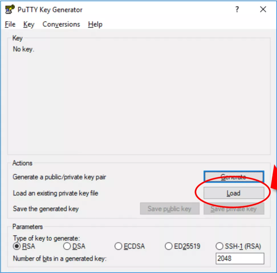 Image shows where to click Load in the PuTTY Key Generator.