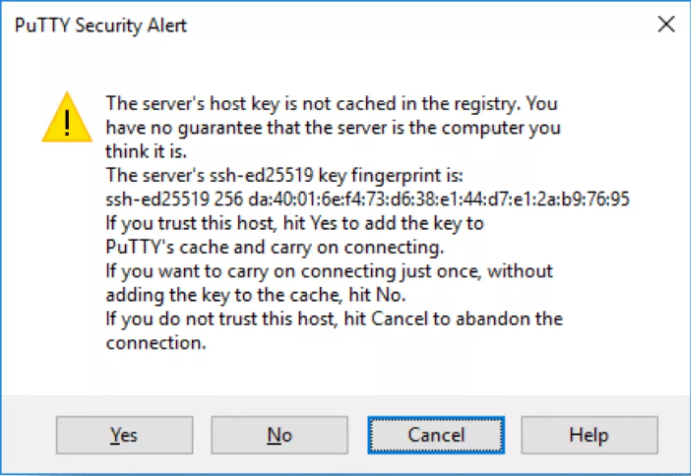 Image shows the PuTTY Security Alert