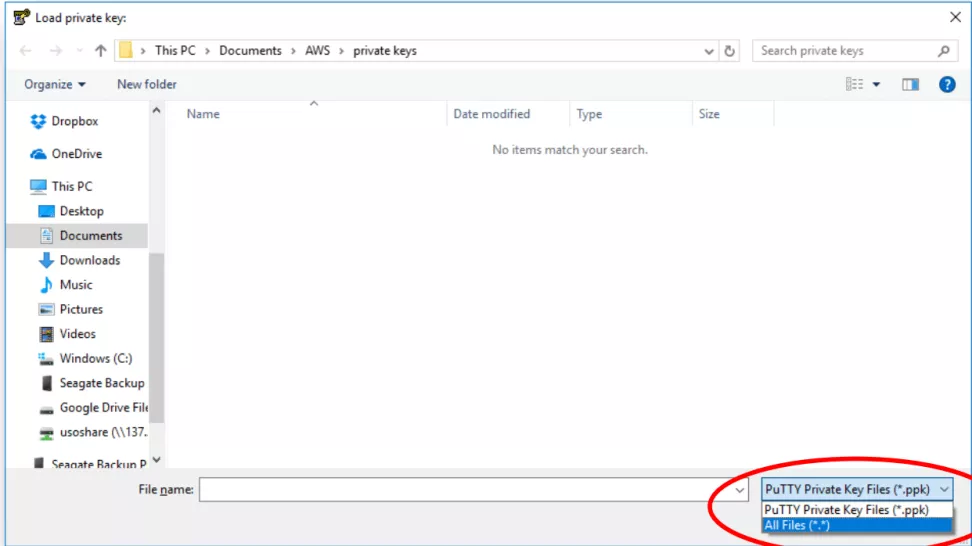 Image shows how to select All Files in PuTTY Private Key Files