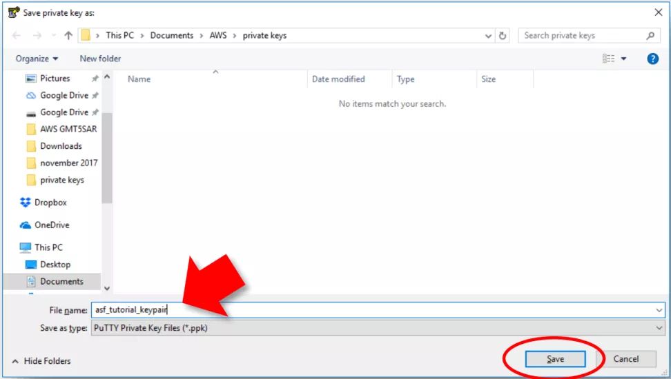 Image shows how to give your PuTTY Private Key file a name