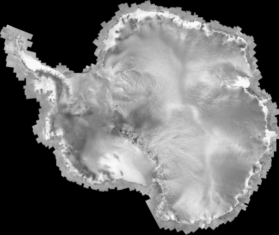 Against a black background, a white, amorphous shape is a synthetic aperture radar mosaic of snow and ice in the Antarctic.