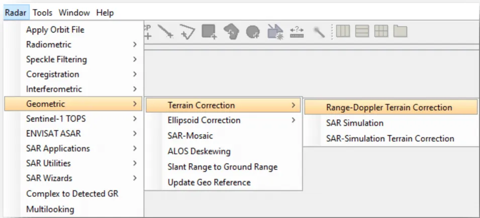 This image shows how to navigate to the Range-Doppler Terrain Correction.