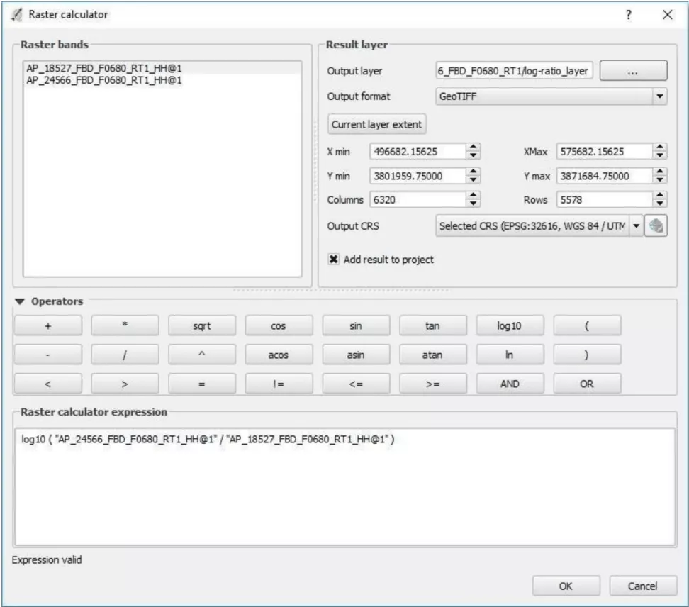 This image shows the Raster Calculator dialog