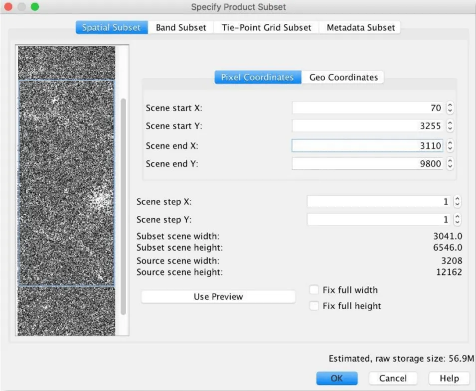 This image shows the Specify Product Subset window with the Spatial Subset and Pixel Coordinates tabs.