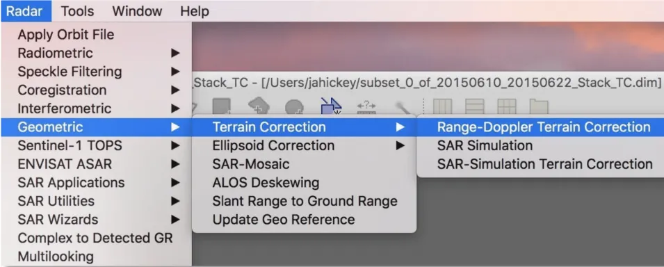 This image shows how to navigate to Range-Doppler Terrain Correction