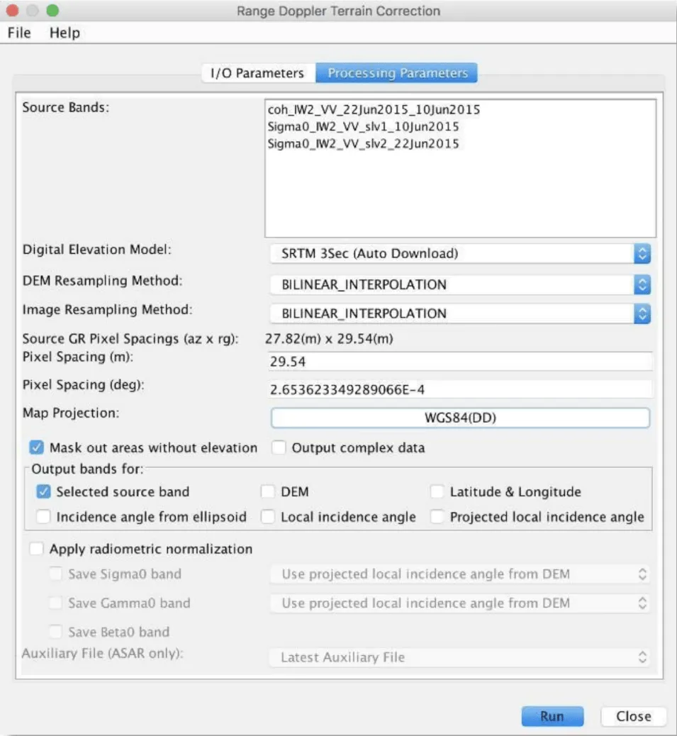 This image shows the Range Doppler Terrain Correction window with the Processing Parameters tab.