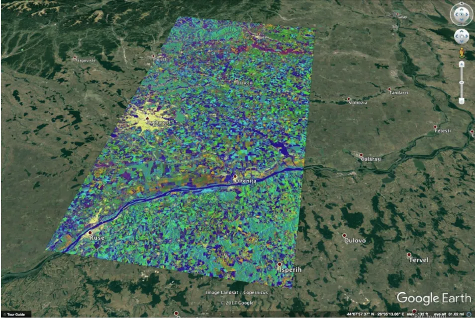 This image shows Geocoded RGB Composite Image of Bucharest, Romania in Google Earth. Credit: ASF DAAC 2017; Contains modified Copernicus Sentinel data [2015] processed by ESA