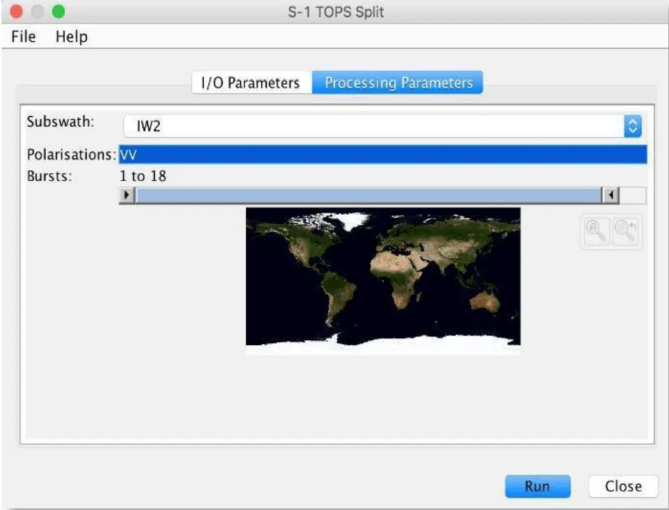 This image shows the S-1 TOPS Split window with the Processing Parameters tab.