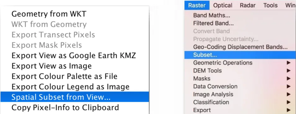 This image shows how to navigate to Spatial Subset from View by right-clicking over your area of interest or by using the Raster menu.