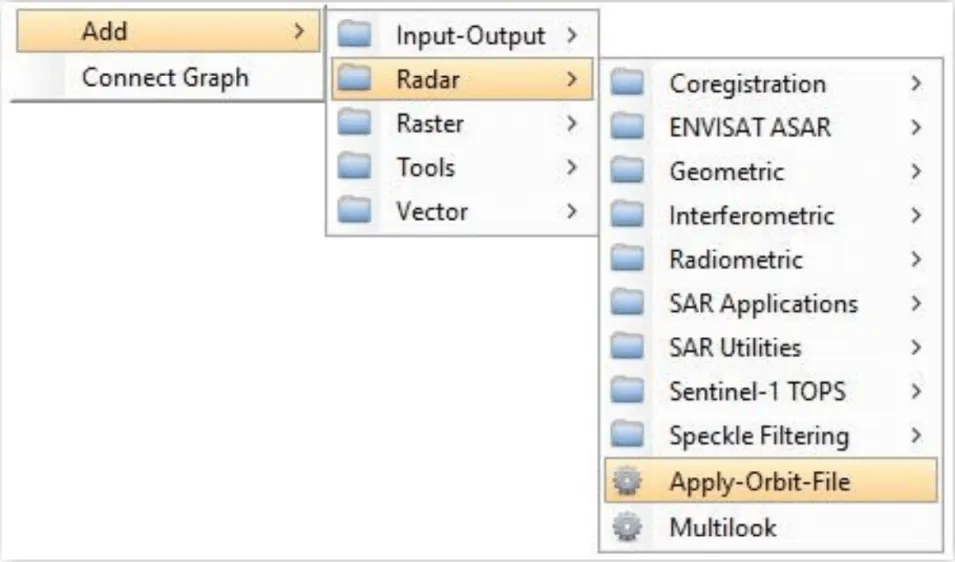 Image shows how to navigate to Apply-Orbit-File