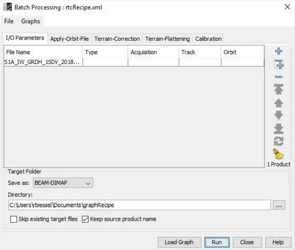 Image shows how the Sentinel-1 Toolbox's Batch Processing window with a graph and product loaded.