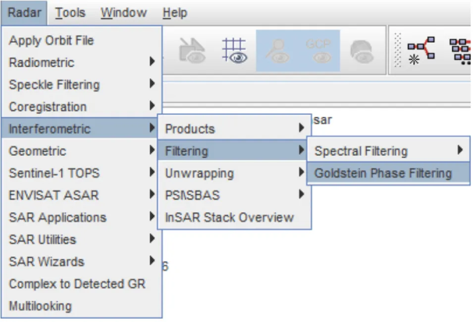 This image shows how to navigate to Goldstein Phase Filtering