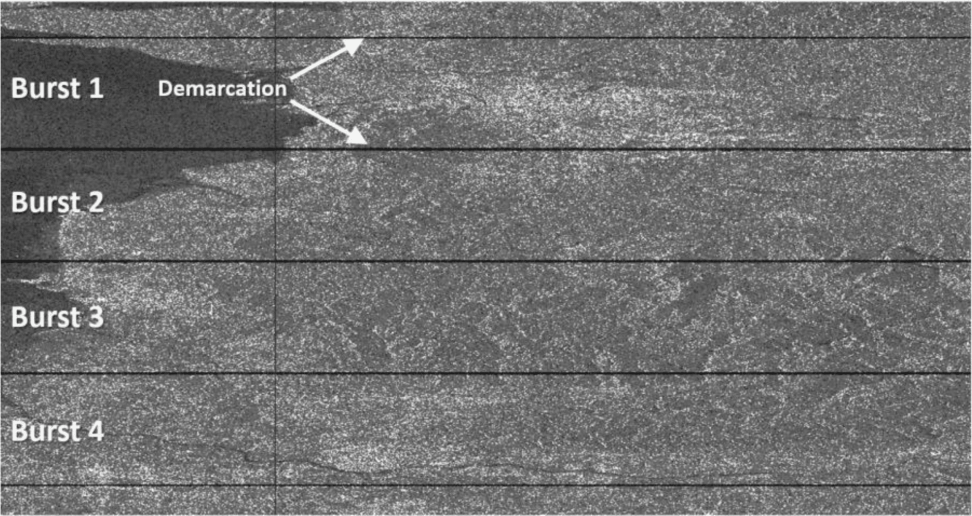This image shows an intensity image of IW1 swath with bursts and demarcation areas identified. Contains modified Copernicus Sentinel data (2016) processed by ESA.