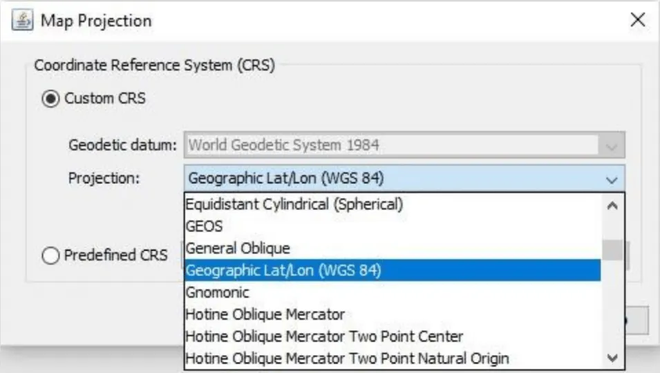 Image shows the Map Projection window