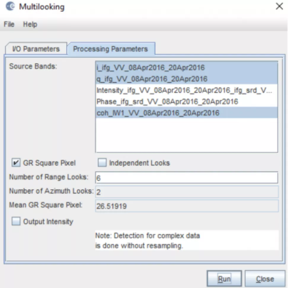 This image shows the Sentinel-1 Toolbox Multi-looking interface
