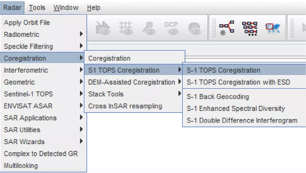 This image shows how to navigate to S-1 TOPS Coregistration
