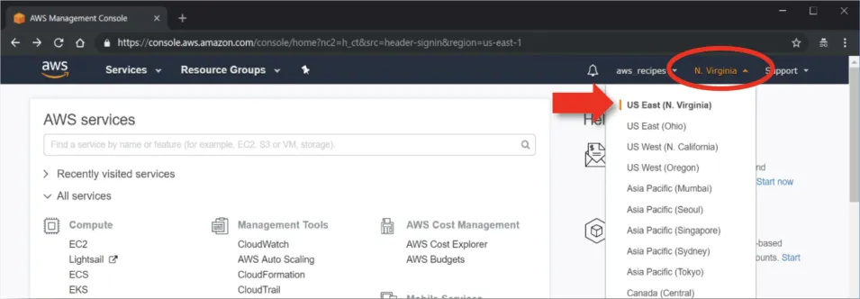 This image shows how to navigate to select the U.S. East (N. Virginia) region.