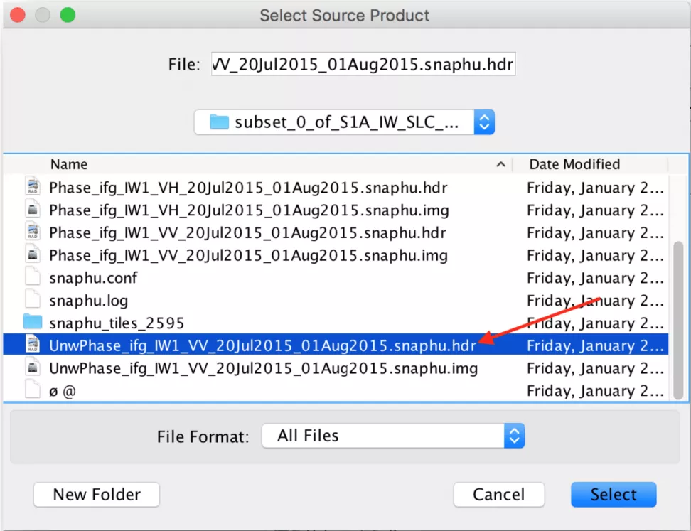 This image shows the selection of the  UnwPhase... hdr file.