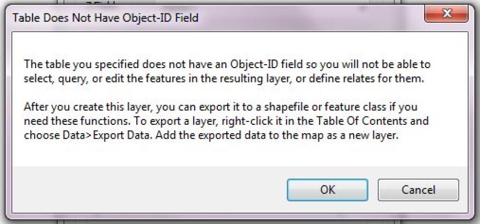 screenshot of box saying table does not have image object