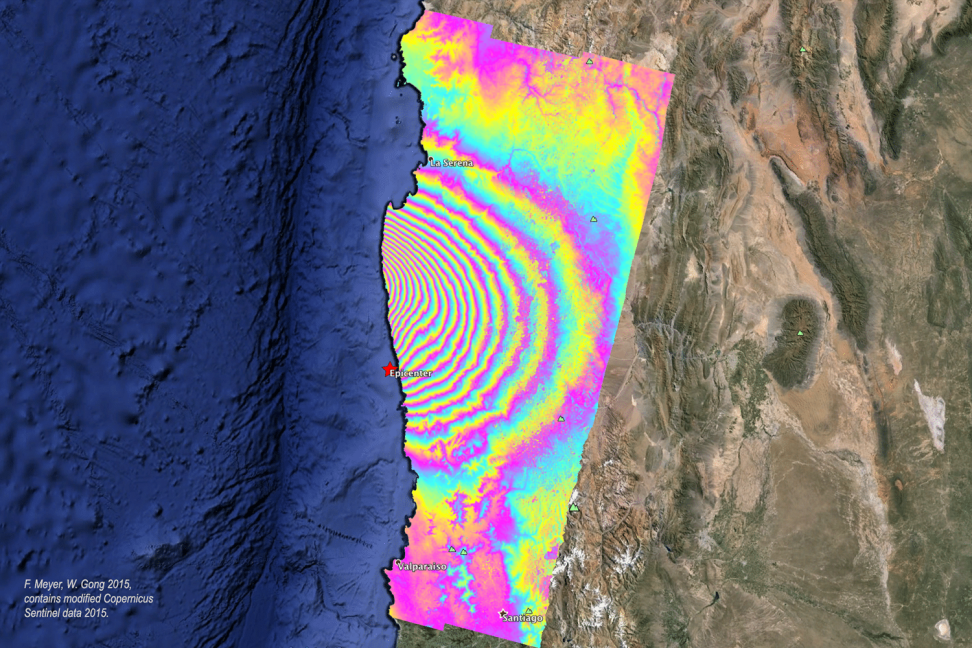 A composite image of an earthquake in Chile of interferometer and Landsat imagery.