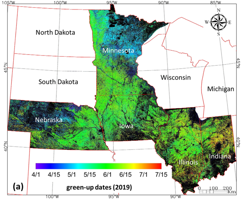 Green-up dates for multiple crops across the Corn Belt states mapped using HLS data (Gao et al., 2021)