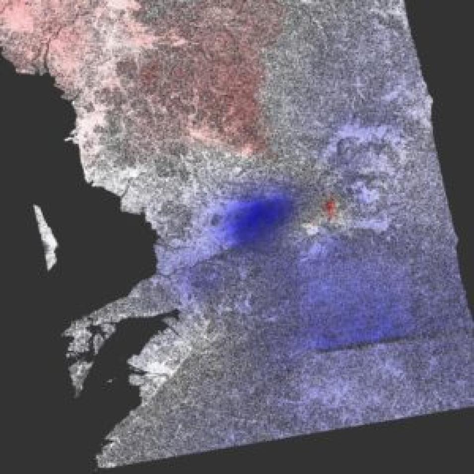 Figure 11: Displacement map colored with red indicating uplift, blue subsidence, and white no change.
