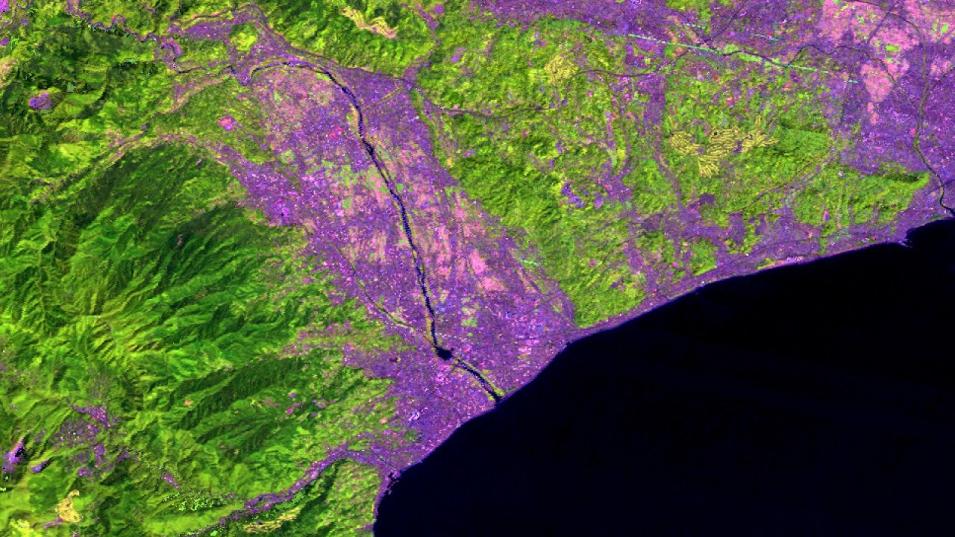 A visualization of yearly surface reflectance Landsat data (band 5-4-3) over Odawara, Japan. The data, which were acquired in 2005, are from the from the Global Web-Enabled Landsat Data version 3.2 product.