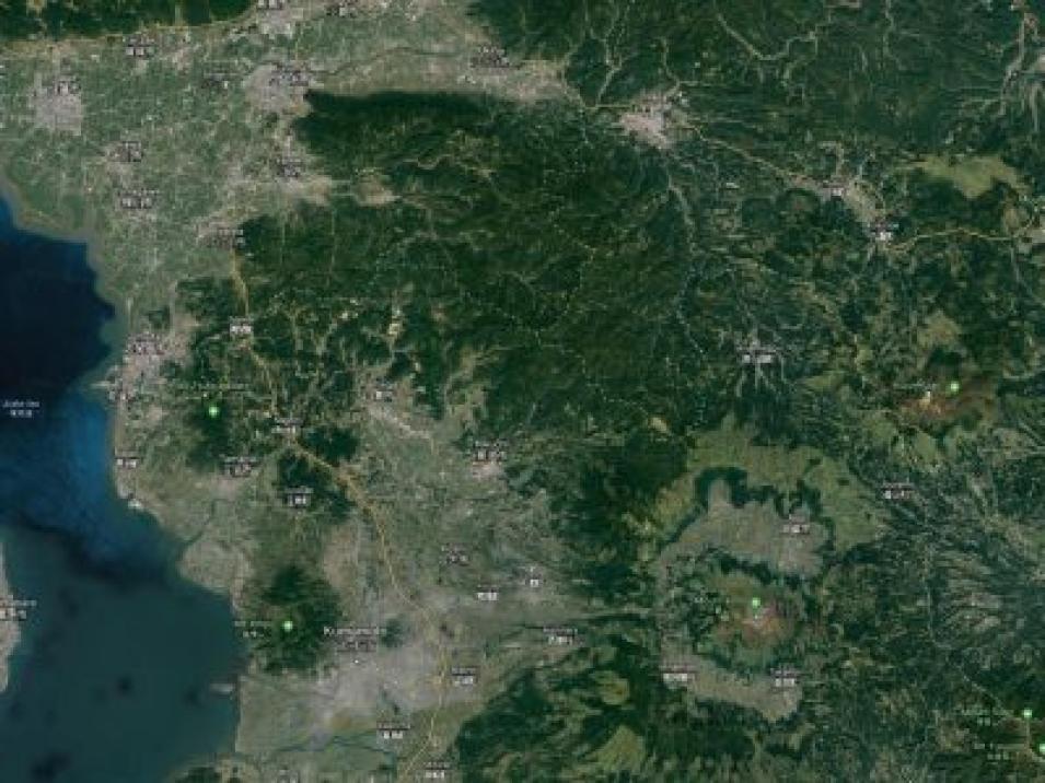 Figure 2: Kumamoto and Fukuoka cities viewed in Google Earth. Imagery © 2018 Landsat/Copernicus, Data SIO, NOAA, U.S. Navy, NGA, GEBCO. Map Data © 2018 Google, SK telecom, ZENRIN.