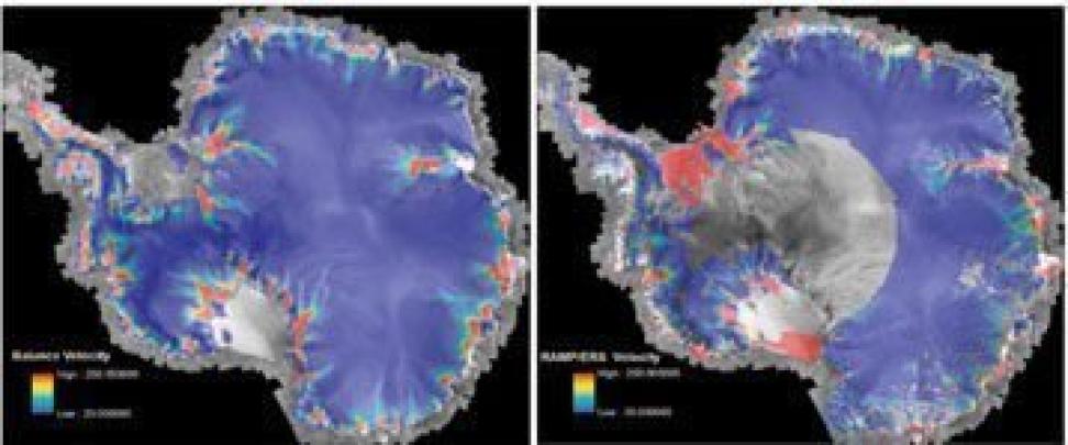 Modeled velocity (left) and measured velocity from RAMP, and from ERS (courtesy of R. Kwok). ERS data fill coherence gaps along Amundsen Sea Coast